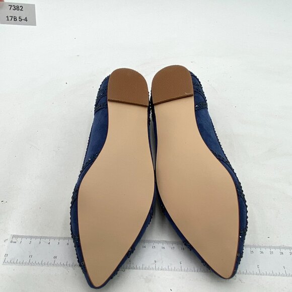 XYD Navy Pointed Toe Rhinestone Slip On Low Heel Crystal Embellished Shoes - Picture 7 of 8